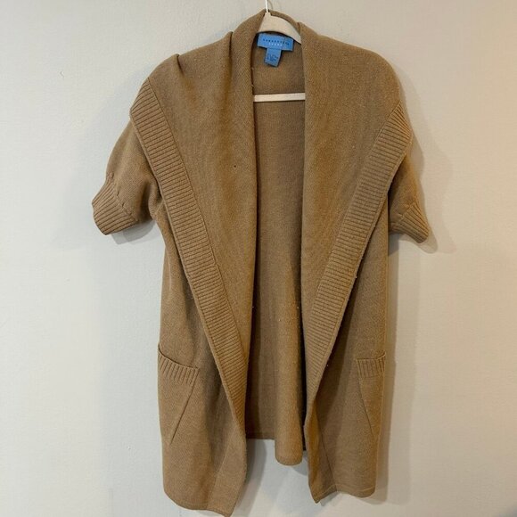 Doncaster Sport Tan 100% Wool Open Front Short Sleeve Hooded Sweater Size Medium - Picture 1 of 4